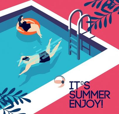 summertime banner swimming pool human icons colored cartoon