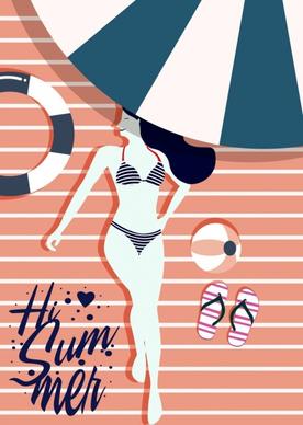 summertime poster bikini woman umbrella icons flat decor