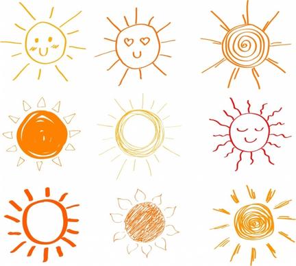 sun icons collection colored handdrawn style