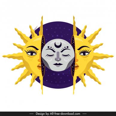 sun moon icon stylized design emotional faces decor