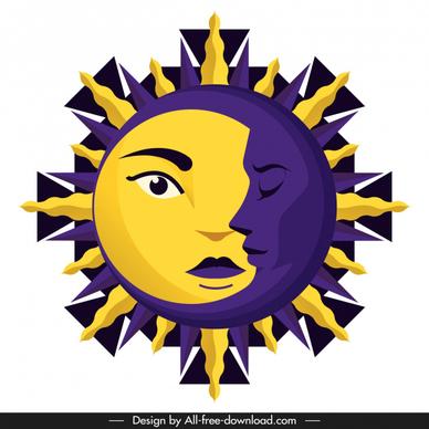 sun moon icon stylized faces yellow violet decor
