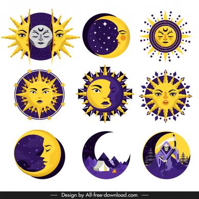 sun moon icons stylized legendary sketch