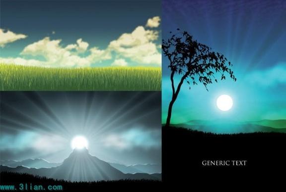 landscape background templates colored modern sunrise meadow icons