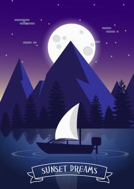 sunset drawing moonlight sail lake icons violet design