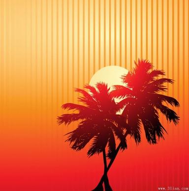 sunset background sun coconut tree icons dark design