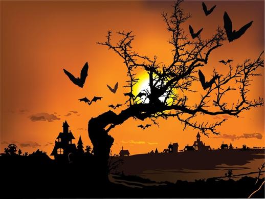 halloween background dark sunset castle bats tree icons decor