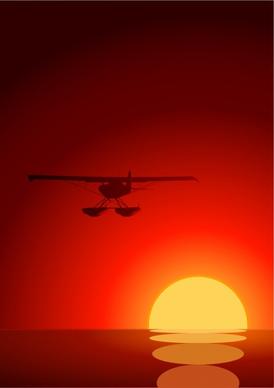 sunset painting airplane icon dark red design