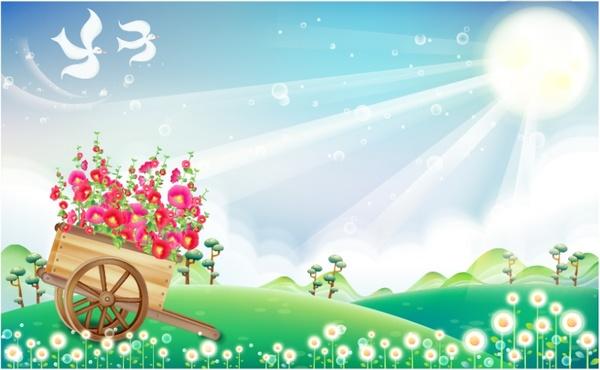 spring background blooming flowers cart sun rays ornamental