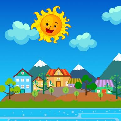 sunshine on town drawing colorful cartoon stylized icon