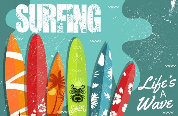 surfing advertising colorful surfboard icons retro design
