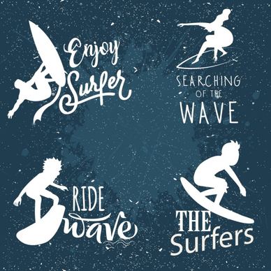 surfing logos white silhouette retro design