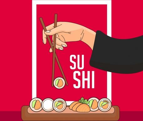sushi food advertising oriental design chopsticks hand icons