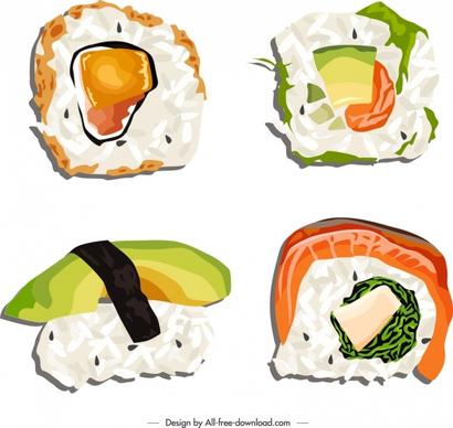sushi food icons bright colored classical sketch