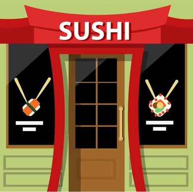sushi restaurant facade design with colored style