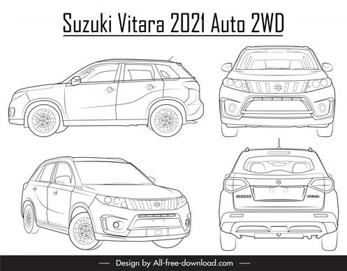 suzuki vitara 2021 car models advertising banner black white handdrawn different views outline