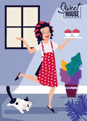 sweet home background happy housewife icon cartoon character