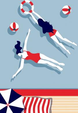 swimming background bikini women icons colored cartoon design