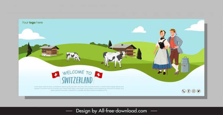 switzerland advertising banner farmer cows sketch cartoon design 