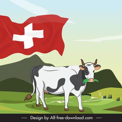  switzerland advertising banner template cartoon design dynamic waving cow sketch