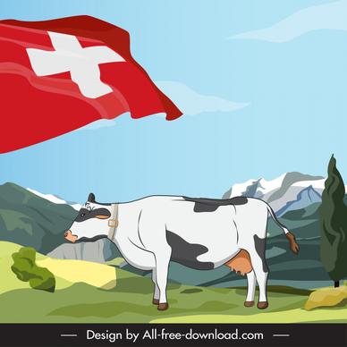  switzerland advertising banner template dynamic waving flat cow farm sketch