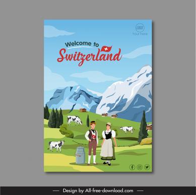 switzerland advertising poster template rural scenery cartoon sketch 