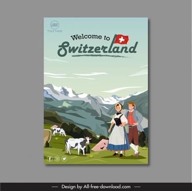 switzerland advertising poster template traditional costume people sketch rural scene outline cartoon design 