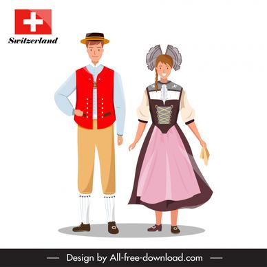  switzerland design elements man woman cartoon traditional costume sketch
