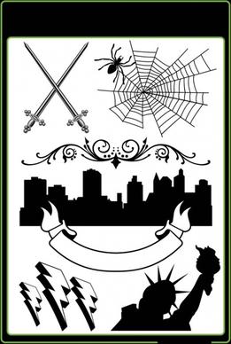 sword spiders urban silhouette lightning the statue of liberty and other pattern vector