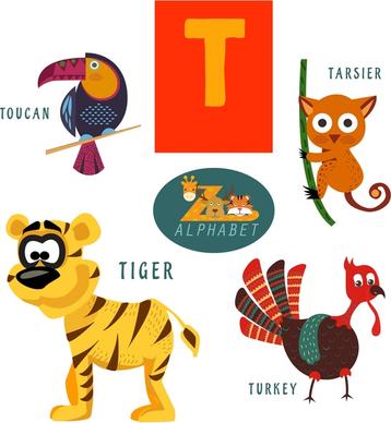 t letter education design with cute animals