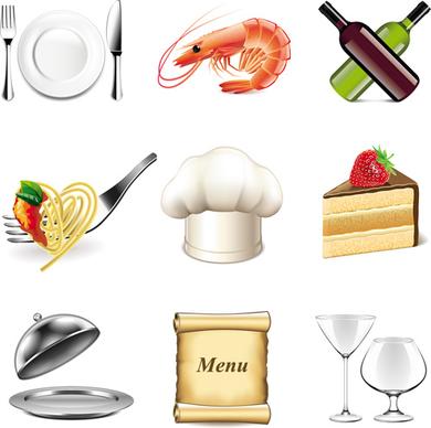 tableware with food vector icons set