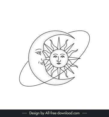 tattoo art template flat black white handdrawn stylized moon sun sketch