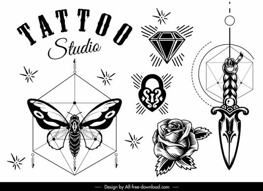 tattoo decor elements black white symbols sketch