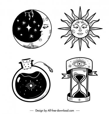 tattoo icons flat moon sun sandglass bottle sketch