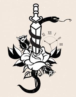 tattoo template snake sword rose clock icons
