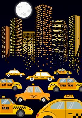 taxi advertisement cars moonlight city buildings icons