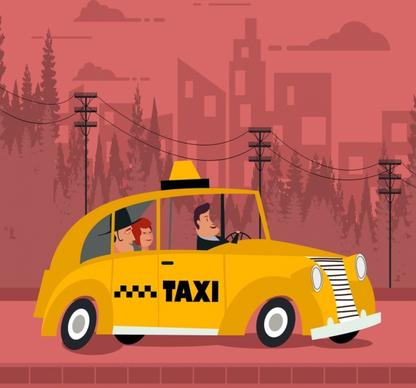 taxi advertising yellow car pink backdrop colored cartoon