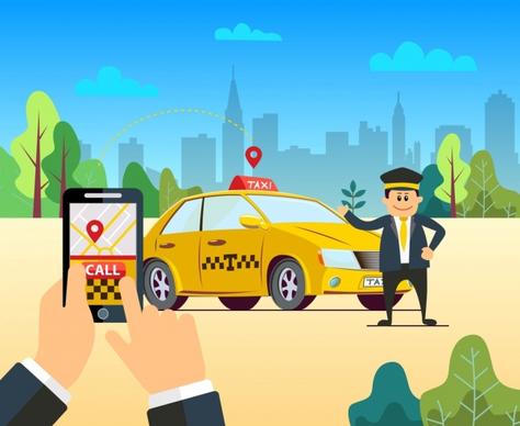 taxi application advertising smartphone car driver icons decor