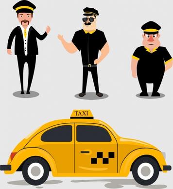 taxi design elements yellow car men icons