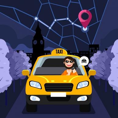 taxi job banner map car icons cartoon design