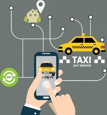 taxi service advertising smartphone car navigation icons