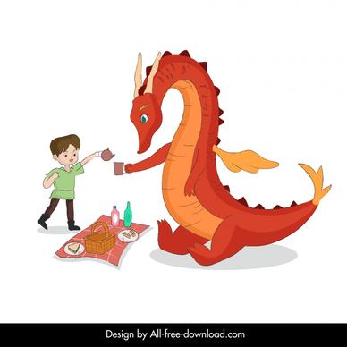 tea break design elements funny stylized dragon boy cartoon