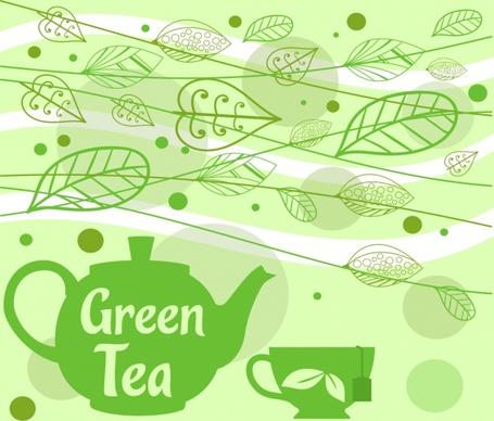 tea promotion banner cup pot blown leaves icons
