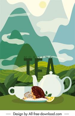 tea time banner classical elegant mountain view sketch