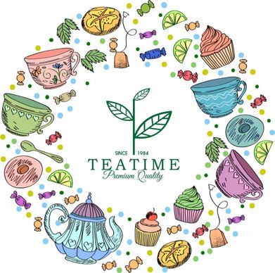 tea time banner colorful classical icons circle layout