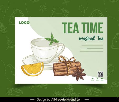 tea time banner template retro handdrawn teapot cup lemon slice cinnamon star aniseed sketch