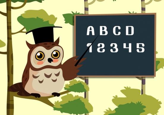 teaching background stylized owl blackboard icons colored cartoon