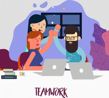 team work background cheering employee icons cartoon design