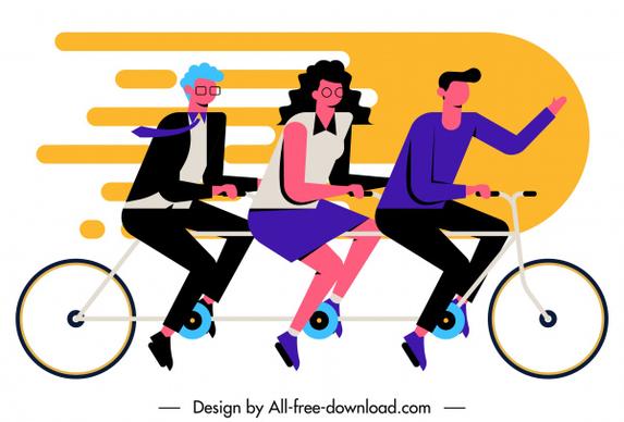 team work background employees riding bicycle sketch