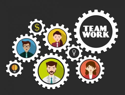 teamwork concept background employee avatars gear icons