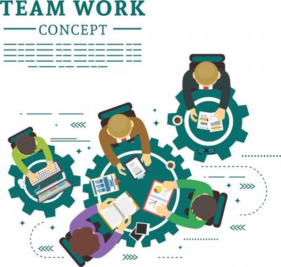 teamwork concept banner working staffs gears tables icons